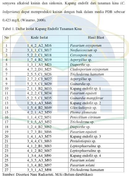 Tabel 1. Daftar Isolat Kapang Endofit Tanaman Kina 