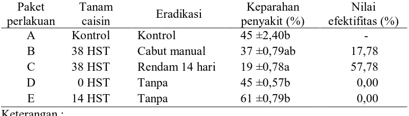Tabel 2. Pengaruh penanaman caisin sebagai tanaman perangkap patogen terhadap keparahan penyakit dan nilai efektifitas penurunan akar gada 