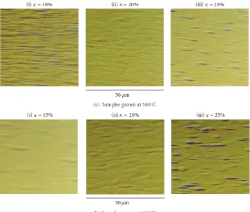 Figure 2: Surface morphology of AlxGa1−xSb epilayers grown on GaAs with a diﬀerent Alcontent grown at 580◦C and 600◦C with a V/IIIratio of 3.