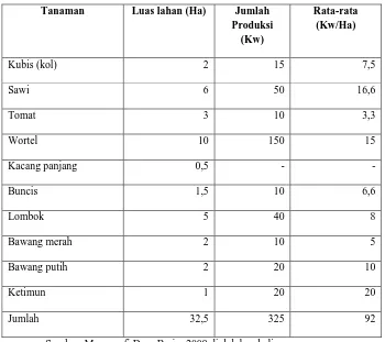 Tabel 4.4 Luas lahan (Ha), Jumlah Produksi (Kw) dan Rata-rata Produktivitas Tanaman sayur-sayuran di Desa Berjo Tahun 2009 
