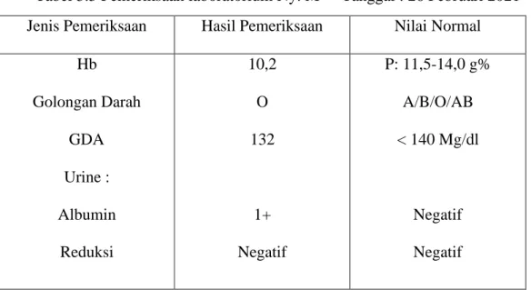 Tabel 3.3 Pemeriksaan laboratorium Ny. M  Tanggal : 26 Februari 2021  Jenis Pemeriksaan  Hasil Pemeriksaan  Nilai Normal 