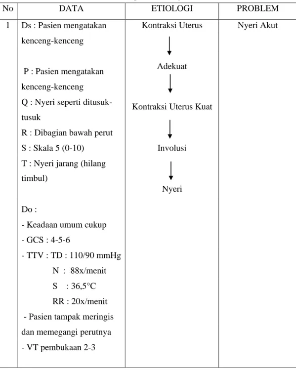 Tabel 3.4  Analisa data hasil pengkajian Ny. M di rumah bidan Tutut Amd.Keb  Kecamatan Sukodono Kabupaten Sidoarjo 