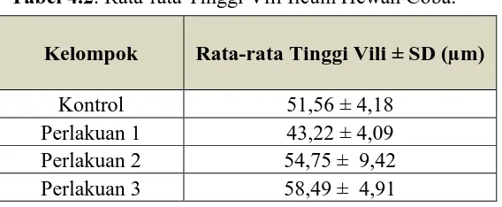 Tabel 4.2. Rata-rata Tinggi Vili Ileum Hewan Coba. 