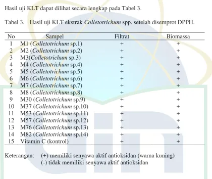 Tabel 3. Hasil uji KLT ekstrak Colletotrichum spp. setelah disemprot DPPH.  