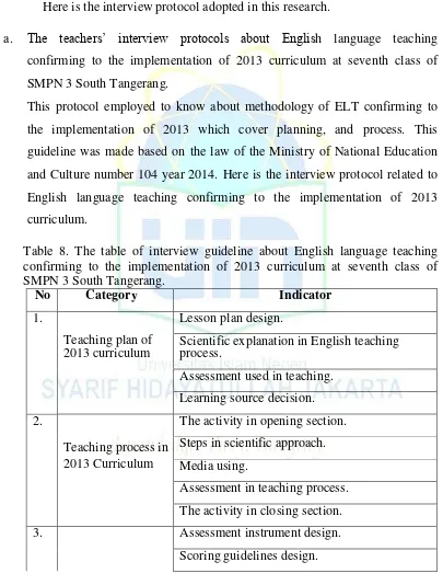Table 8. The table of interview guideline about English language teaching 