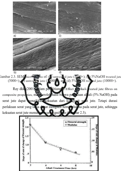 Gambar 2.3. SEM micrographs of: (a) untreated jute (5000×); (b) 5%NaOH treated jute(5000×); (c) untreated jute (10000×); and (d) 5%NaOH treated jute (10000×)