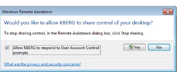 Figure 23-1 The User has the option of allowing the Helper to respond to UAC prompts when the RA session is in Control Sharing State