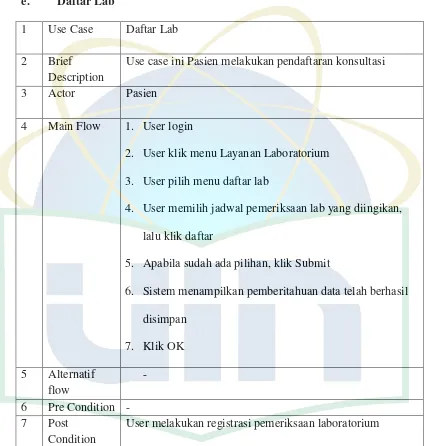 Tabel 4.5 Spesifikasi Naratif Use Case Daftar Lab 
