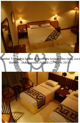 Gambar 5. Gambar kamar dengan satu tempat tidur (king size) Sumber : Dokumentasi Pribadi (21 Maret 2011) 