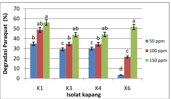 Gambar 4.8 Persentase degradasi paraquat (%) pada kombinasi jenis isolat kapang dan variasi konsentrasi paraquat (ppm) 