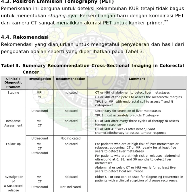 Tabel 3.  Summary Recommendation Cross-Sectional Imaging in Colorectal  Cancer 