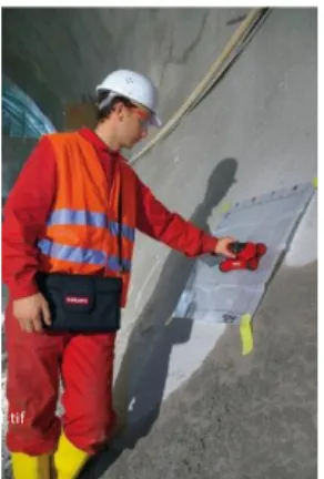 Figure 10 – Using a Hilti PS 200 hand-held ferroscan scanner to locate and map existing reinforcing  prior to beginning drilling