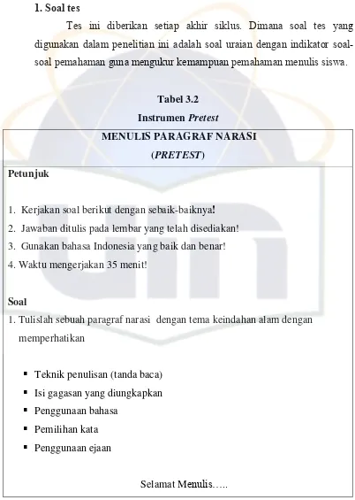 Instrumen Tabel 3.2 Pretest  