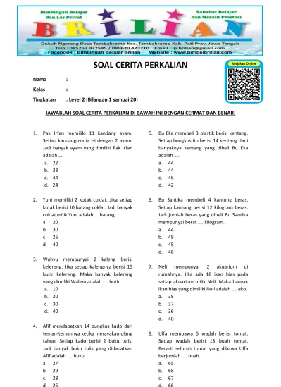 Soal Cerita Perkalian Level 2 Kelas 2 SD Bilangan 1 Sampai 20 - Www ...