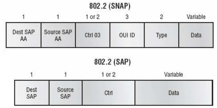 Gambar 1.13 menunjukkan bagaimana informasi di header 802.2 dan SNAP yang ditangkap oleh perangkat lunak penganalisa kita.ditambahkan ke bagian data dari frame