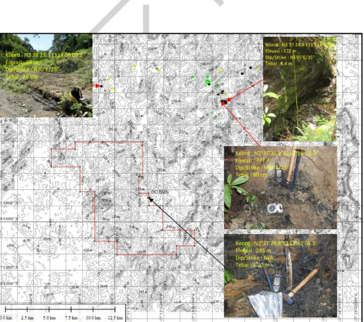 Gambar 6. Peta kontur dan penyebaran singkapan di sekitar lokasi PT Banua Makmur Sejahtera 