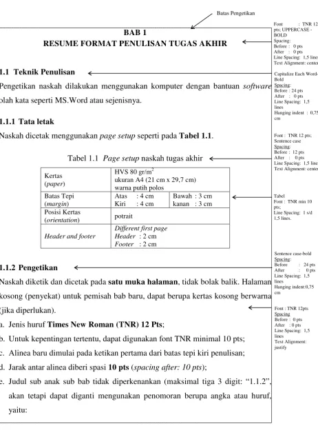 Tabel 1.1  Page setup naskah tugas akhir 