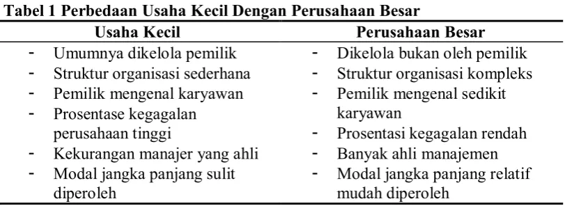 Tabel 1 Perbedaan Usaha Kecil Dengan Perusahaan Besar 