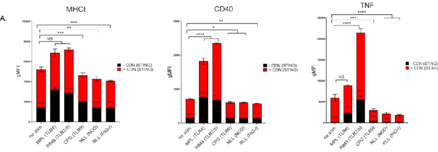 Figure  2-2:  TNF,  CD40,  and  MHCI  expression  on  mouse  bone-marrow-derived  dendritic  cells (mBMDCs) after stimulation with saturating CD86 dose  (Fig.2-1) of CDN (STING) plus  saturating  dose  of  TLRs  (CpG,  MPL,  and  R848), NOD  (NLL),  and  R