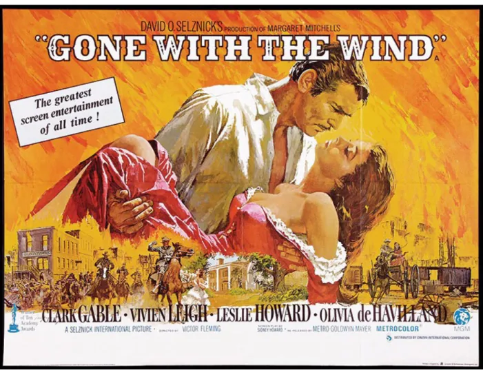 Figure 2. Cavendish, 1939 US Poster for Gone with the Wind, showing a representation of Clark Gable as Rhett Butler holding a swooning Vivien Leigh as Scarlett O’Hara overtop scenes  depicting the Burning of Atlanta (2014)