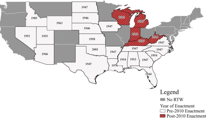 Figure 1: Current RTW States, Grouped by Enactment Year Relative to 2010