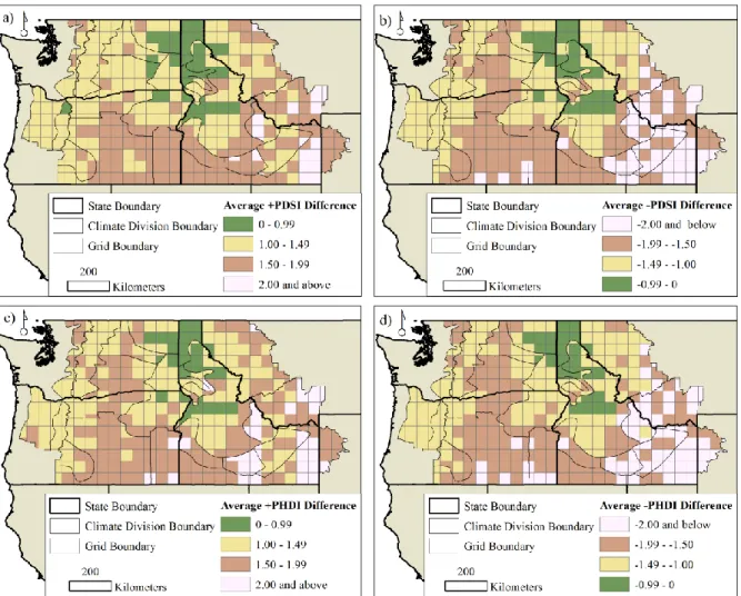 Figure 2.5 | Maps of (a) average positive PDSI difference, (b) average negative PDSI difference,  (c) average positive PHDI difference, and (d) average negative PHDI difference