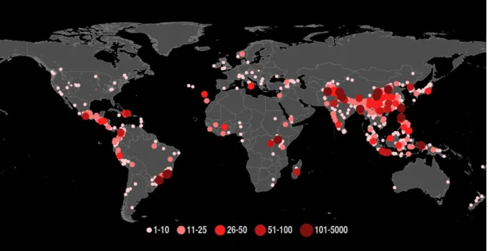 Figure 4.2 | A map of the distribution and number of fatalities associated with 5,741 rainfall- rainfall-triggered landslides from 2007-2013