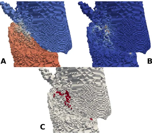 Figure 10.  Results of the diffusion model zoomed to visualize the fracture gap: (A) flow  field, (B) derivative of flow field, (C) removal of the connecting voxels