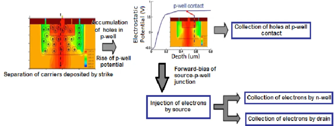 Fig.  9:  Overview  of  the  physical  mechanisms  responsible  for  charge  collection  in  triple-well  NMOSFETs