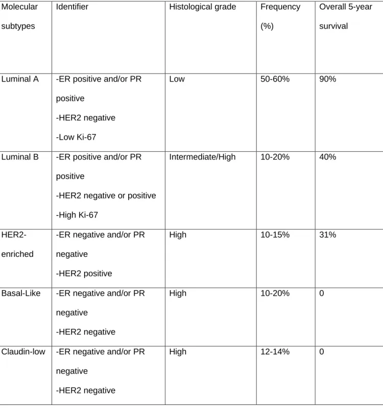 Table 1.1: Molecular subtypes of breast cancer and biomarker expression (summarized  from (16)) 