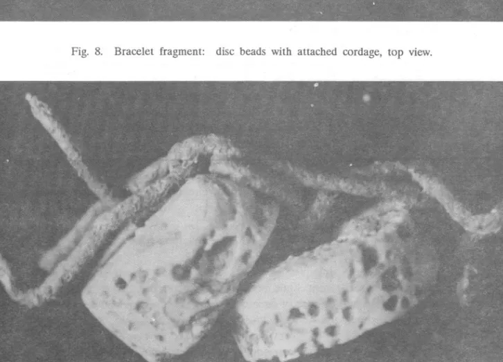 Fig.  9.  Bracelet  fragment:  disc  beads  with  attached  cordage,  side  view. 
