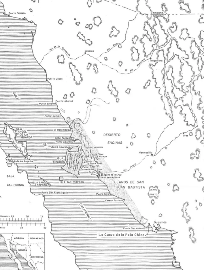Fig.  1.  The  central  coast  of  Sonora.  Pala  Chica  Cave  is  in  the  south.  The  stippled  area  approximates  the  early  historic  Seri  distribution  (after  Bowen  1976;  courtesy  of  the  author  and  the  University  of Arizona  Press)