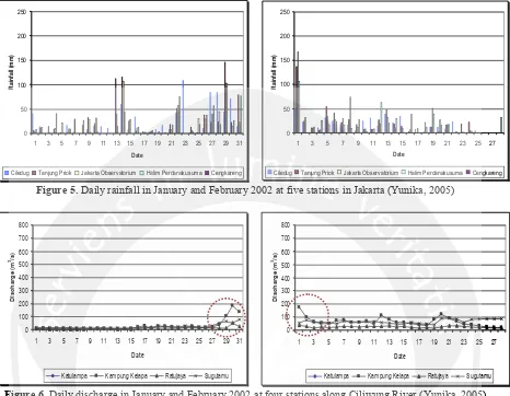 Figure 6.  Daily discharge in January and February 2002 at four stations along Ciliwung River (Yunika, 2005)  