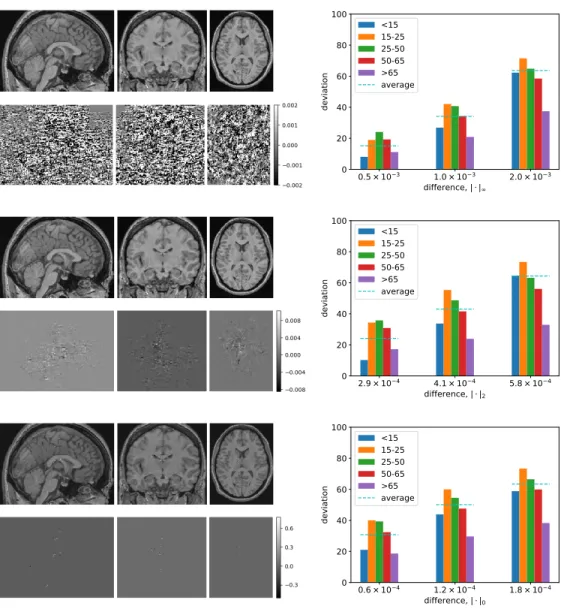 Figure 6.3: The adversarial perturbations that aim to maximize age. Images in the left col- col-umn display the results of adversarial perturbations to the image of a 19-year-old subject in Figure 6.1(a), using each of our three criteria for limiting the m