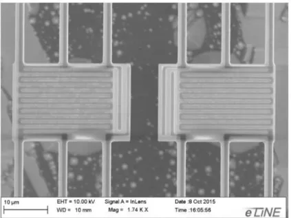 Figure  2.1  SEM  micrograph  of  the  suspended  microdevice  with  electrodes  and  integrated  microheaters/thermometers made from serpentine Pt lines