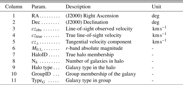 Table 2.5: Mock Group Member Galaxies Catalogue Parameters
