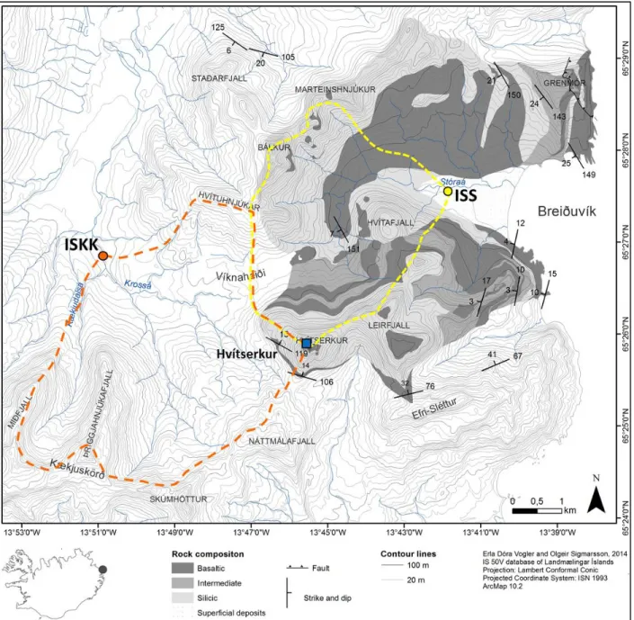 Figure 1: Geologic map of Breiðuvík. Rock types and important are indicated on the map, as well as sample  locations