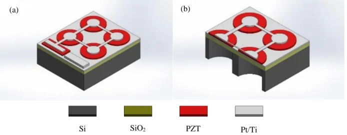 Figure 3.1 3D (a) and cross-sectional view (b) of the pMUT array. 