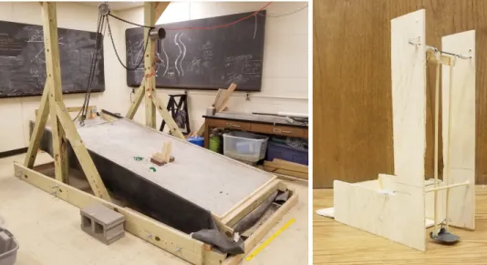 Figure 5.1: Set up for travel distance experiments. Left: The experimental hillslope surface is concrete with sand scale roughness