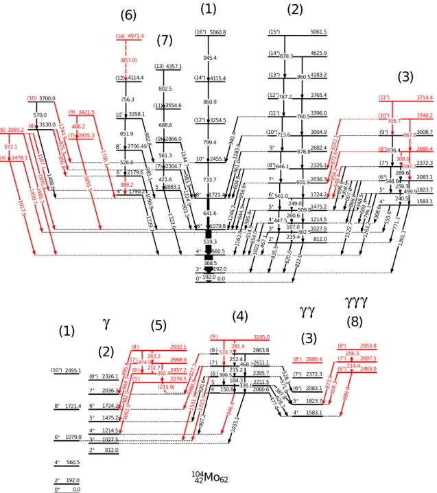 Figure 5.2: Partial level scheme of 104 Mo obtained in the current work. New energies and transitions are labeled in red.