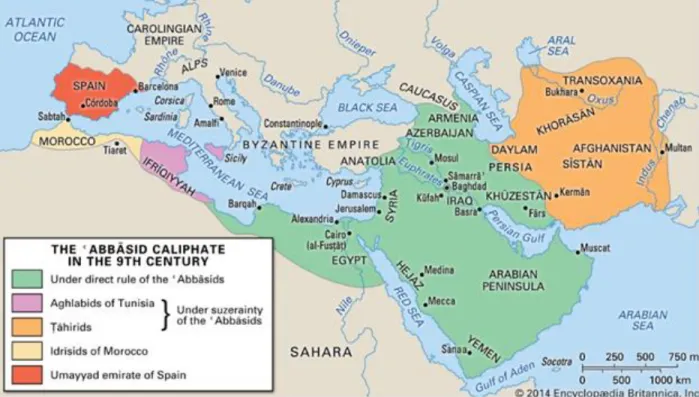 Figure 2: Map of the Abbasid Caliphate.  Source: Encyclopaedia Britannica, 2014. 