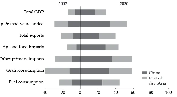FIGURE 2 Shares in the Global Economy—China and the Rest of Developing Asia,  2007 and 2030 (%) 