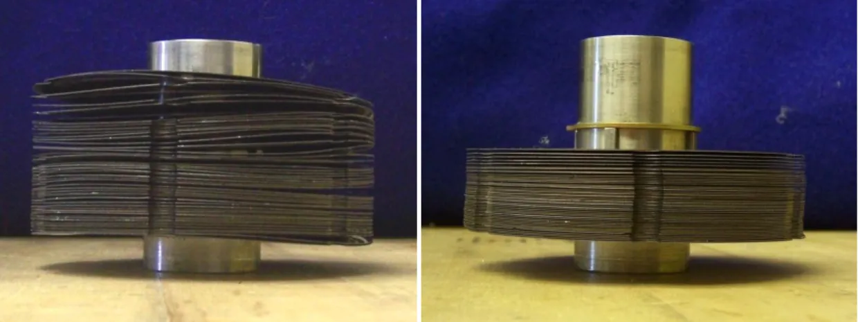 Figure 2-7.     Comparison of stainless steel disc stack flatness before heat treatment  (left) and after heat treatment (right)