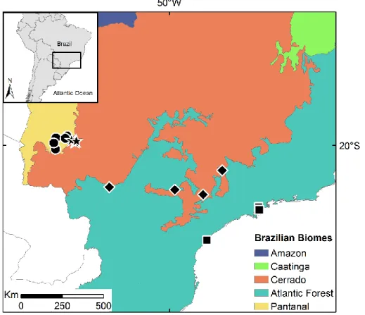 Figure 3:  Map of Brazil showing the six biomes in the country. Black points indicate sites where white-lipped  peccary (Tayassu pecari) hair samples originated