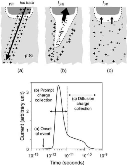 Fig.  2.8.  Charge  generation  and  collection  phases  in  a  reverse-biased  junction  and  the  resultant  current  pulse  caused  by  the  passage of a high-energy ion [47]