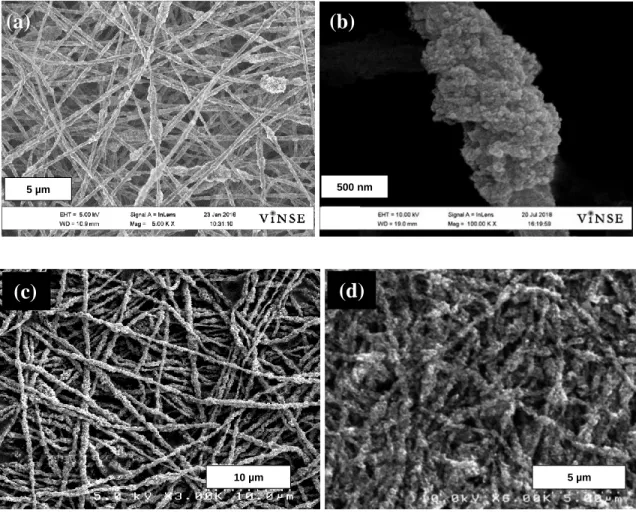Figure 4.1 SEM images of nanofiber mat with a binder of Nafion/PAA containing PtCo/C  at (a) (5000x), and (b) PtCo/C (100,000x) (c) Pt/C (3000x) nanofiber mat with a binder of  Nafion/PAA  from  reference  [5]  and  (d)  Pt/C  (6000x)  nanofiber  mat  with