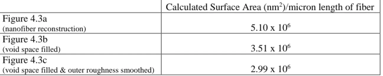 Table  4.2.  Surface  area  per  micron  of  nanofiber  calculated  from  the  3D  reconstructions  obtained from Avisio software