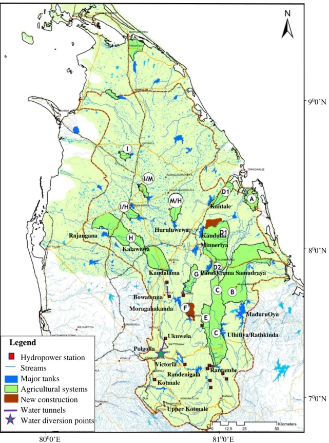 Figure  3.1  Mahaweli  multipurpose  project  reservoirs,  stream  network  and  irrigated  agricultural  systems  (A,B,C,D1,D2,E,G,H,I/H and MH).