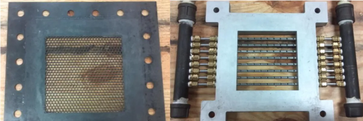 Figure A1: Pictures of passive grid turbulence generator (left) and blown grid (right) 
