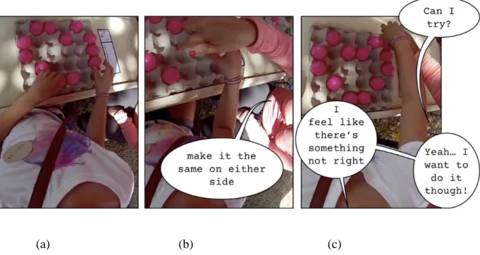 Figure 2-4. (a) Olivia struggling to make her heart. (b) Mother attempting scaffold Olivia  (c) Olivia maintaining control of her heart by asserting aesthetic evaluations